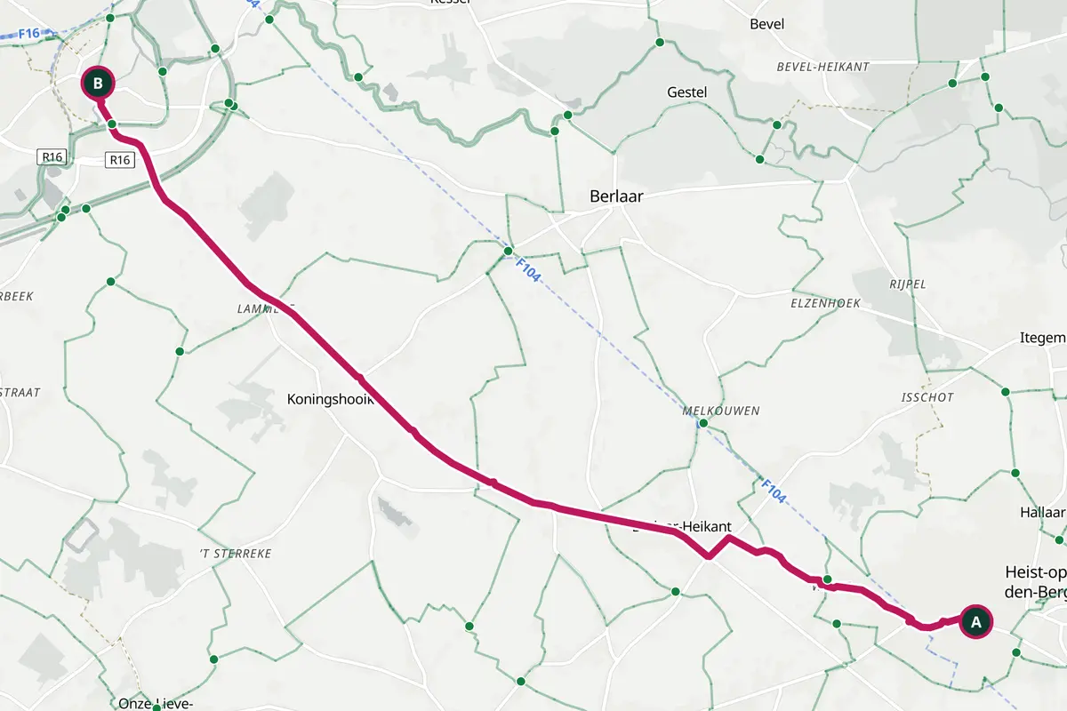 Kaart van de ByBike-route van Heist-op-den-Berg naar Lier, over een vrijliggend fietspad langs Koningshooikt