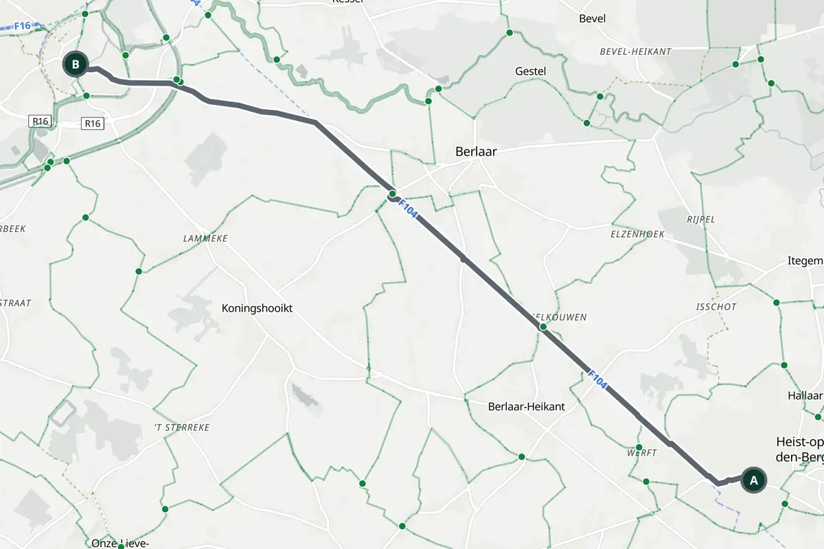 Kaart van de kortste route van Heist-op-den-Berg naar Lier, langs de straten door Berlaar