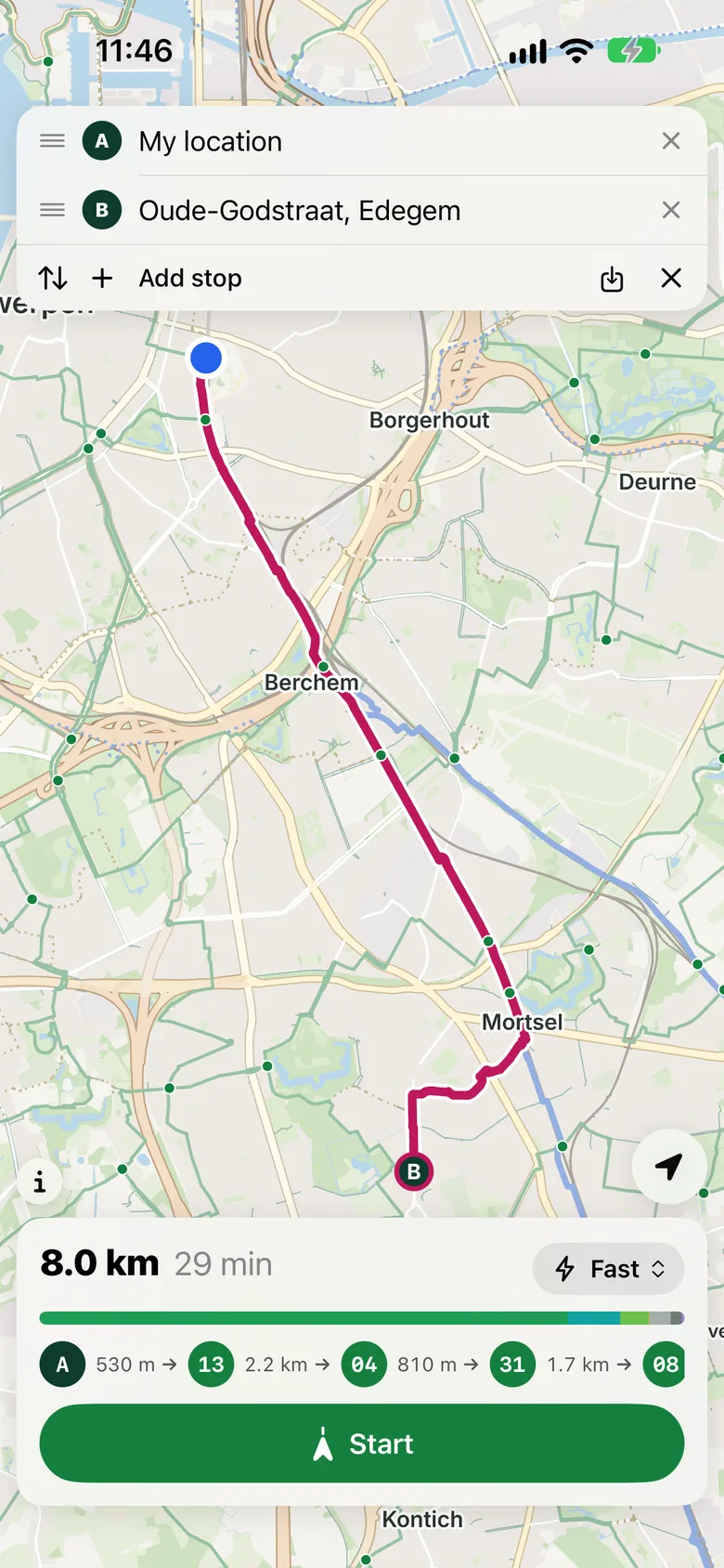 A route from Antwerpen-Centraal to Edegem, with the knooppunten it follows