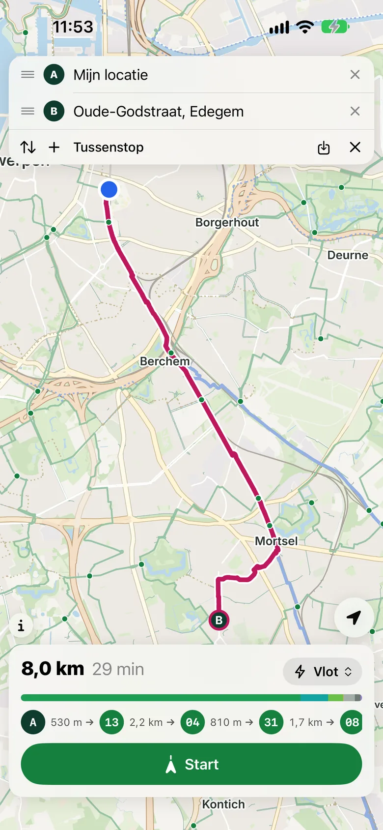 Een route van Antwerpen-Centraal naar Edegem, met de knooppunten die ze volgt